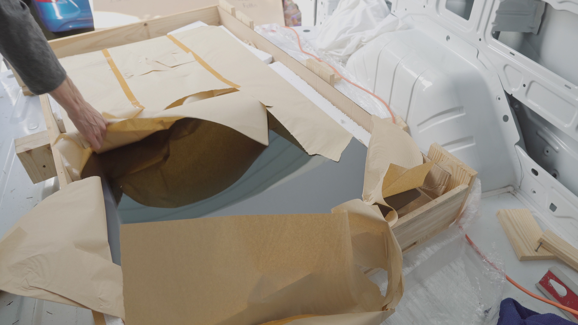 Van Life Cargo Door Bonded Window Install Unwrapping Window Crate